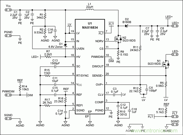 采用MAX16834設計buck-boost LED驅動器