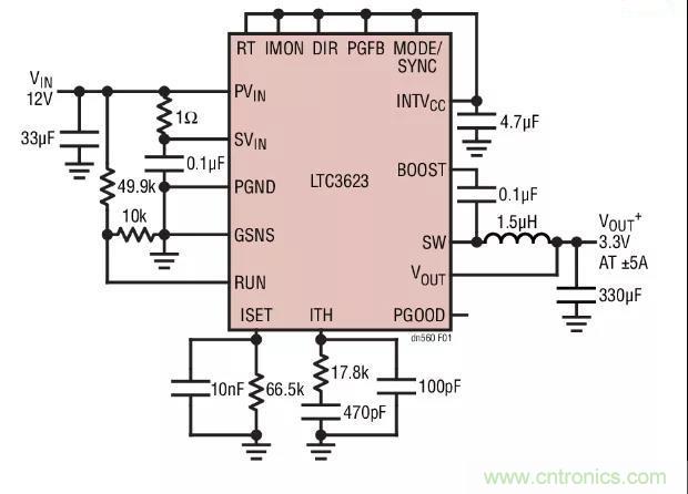 高效率、15V 軌至軌輸出同步降壓型穩(wěn)壓器能提供或吸收 5A